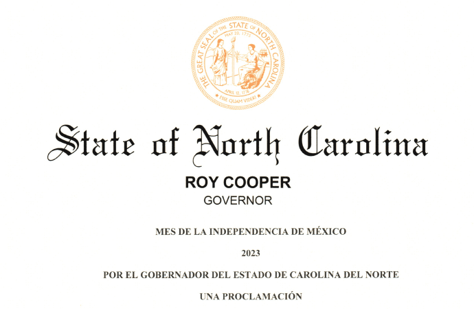 El Gobernador Roy Cooper Proclama Septiembre 2023  como el “Mes de la Independencia de México”