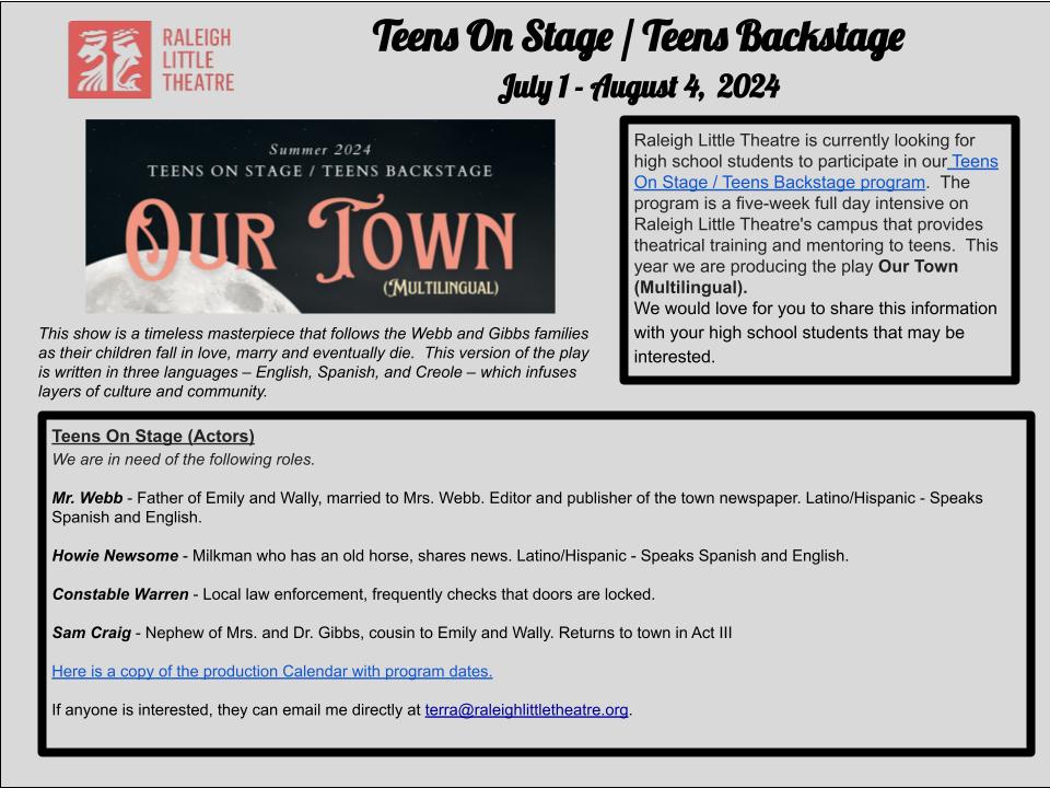 ¡Únete al programa de verano On Stage / Teens Backstage de Raleigh Little Theatre!